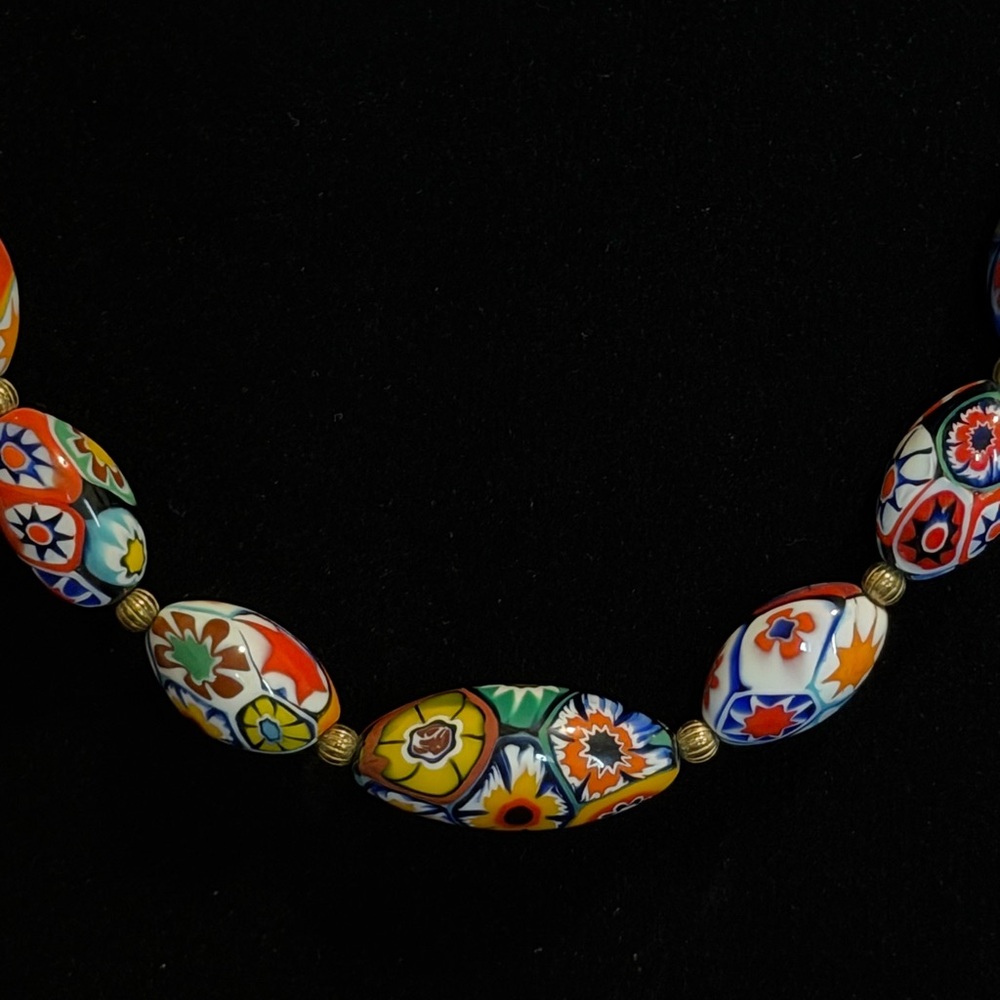 Vintage Millefiori Glass Bead Necklace — Multicolor Floral Beads - Picture 3 of 8